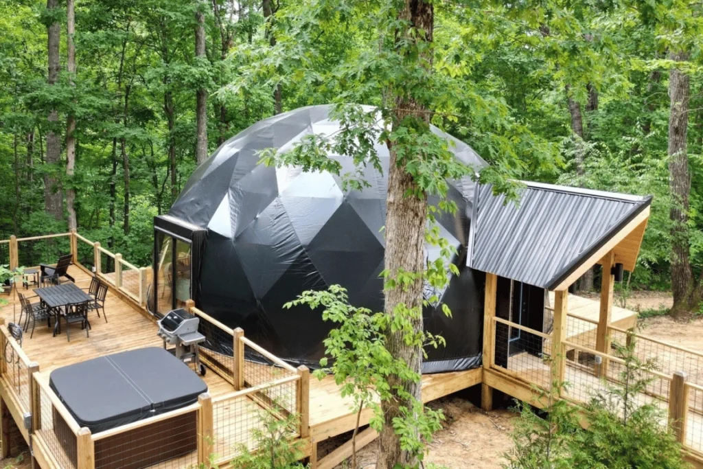 black glamping dome tent with glass bay window for mountain glamping